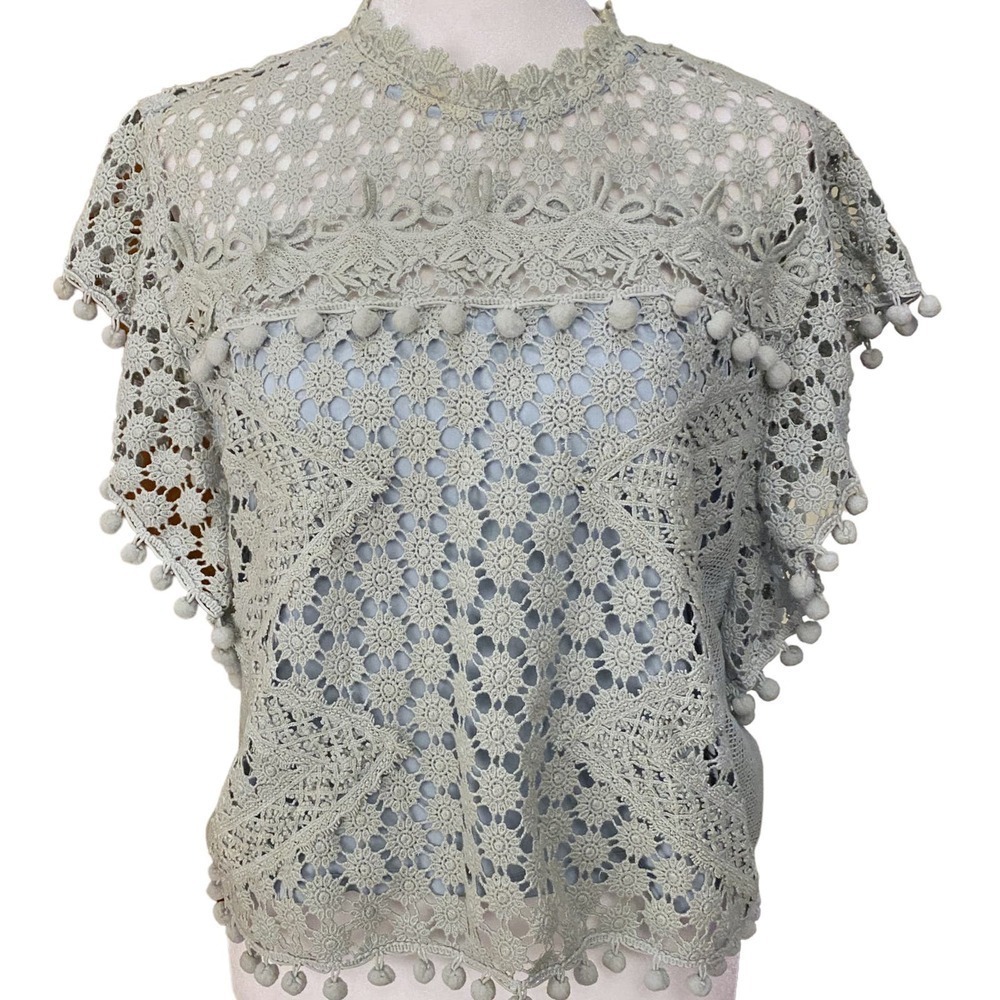 Revolve Tularosa Kennedy Blouse Crochet Knit Mock Neck Cotton Blue Size Medium